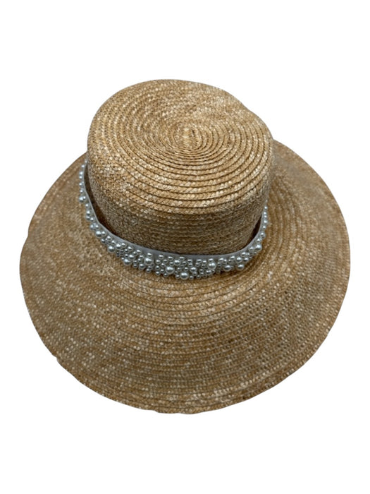 Self-Same Beige & Pearl Straw Faux Pearl Wide Brim sun hat Hat Beige & Pearl
