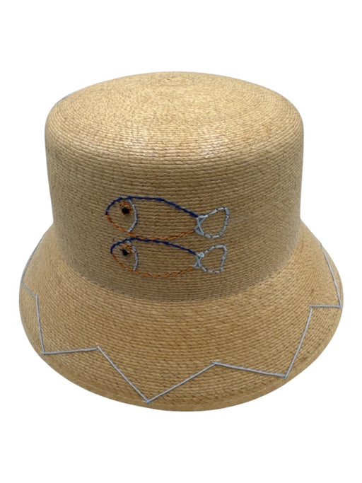 Tipsy Threads Beige, Blue, Orange Straw Embroidered Fish Round Bucket Hat Hat Beige, Blue, Orange