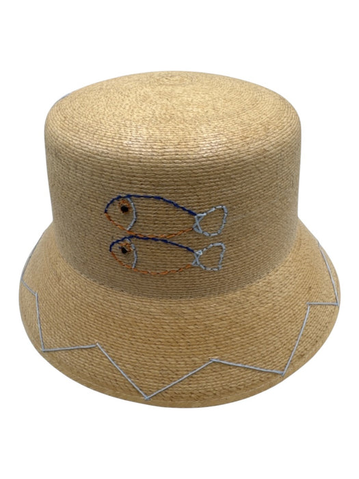 Tipsy Threads Beige, Blue, Orange Straw Embroidered Fish Round Bucket Hat Hat Beige, Blue, Orange