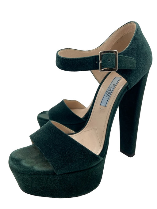 Prada Shoe Size 36.5 Forest Green Suede open toe Platform Ankle Strap Pumps Forest Green / 36.5