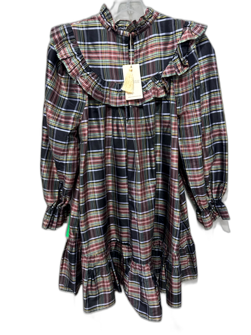 Doen Size XS Black, Red & Multi Silk Long Balloon Sleeve Plaid Ruffle Neck Dress Black, Red & Multi / XS