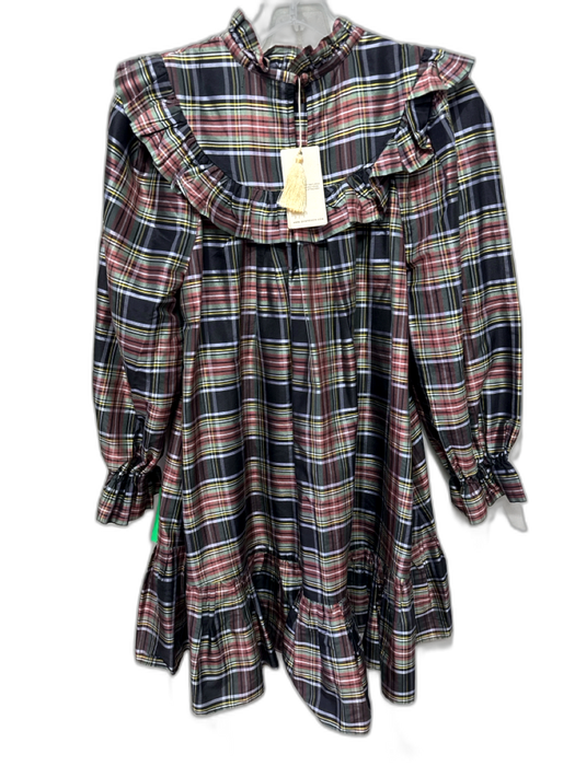 Doen Size XS Black, Red & Multi Silk Long Balloon Sleeve Plaid Ruffle Neck Dress Black, Red & Multi / XS