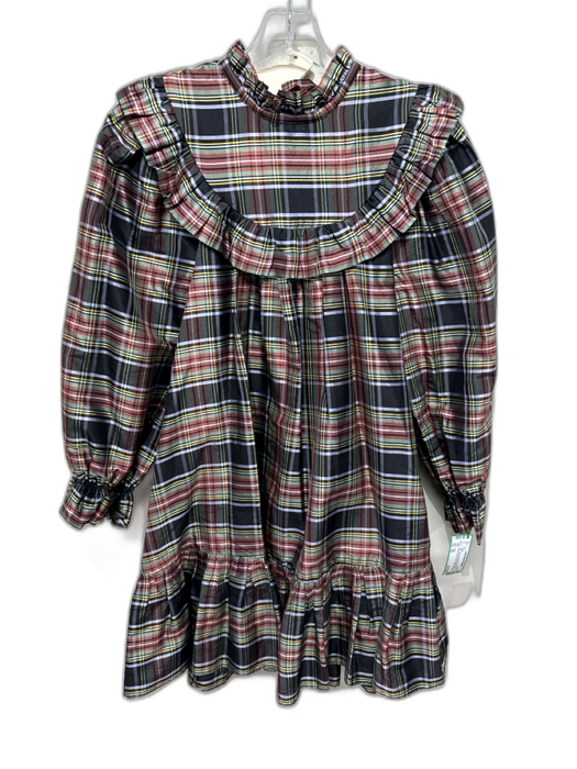 Doen Size XS Black, Red & Multi Silk Long Balloon Sleeve Plaid Ruffle Neck Dress Black, Red & Multi / XS