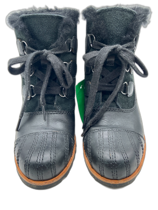 Ugg Shoe Size 6.5 Black Leather & Suede Shearling Lined Round Toe Wedge Booties Black / 6.5