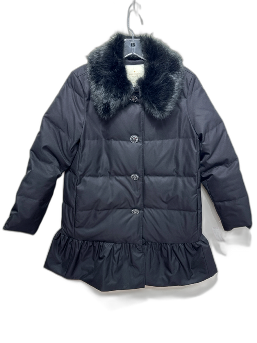Kate Spade Size 0 Black Polyester Down Lining Faux Fur Collar Ruffle Detail Coat Black / 0