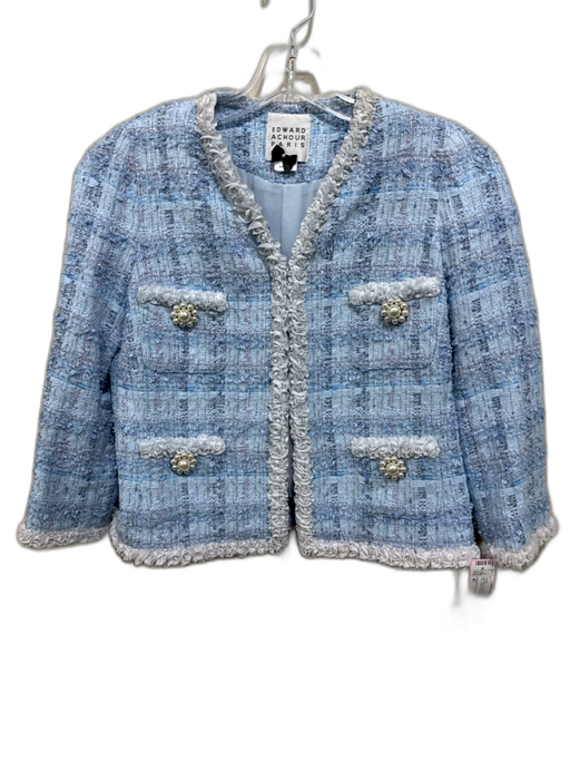 Edward Achour Paris Size 40 Light Blue Cotton Blend Tweed Ruffle Trim Jacket Light Blue / 40