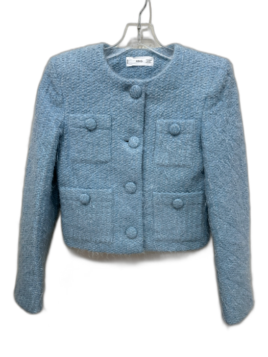 MNG Size XS Light Blue Cotton Blend Textured Shoulder Pads Button Front Jacket Light Blue / XS