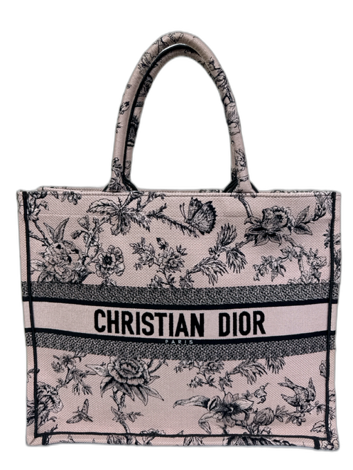 Christian Dior Light Pink & Black Cotton Floral Embroidered Open Top Tote Bag Light Pink & Black / Large