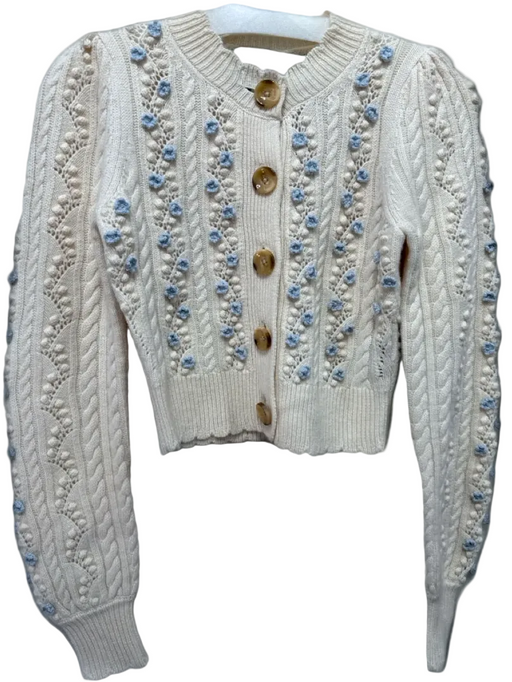 Needle & Thread Size XS Cream & Light Blue Merino Wool Cable Knit Cardigan Cream & Light Blue / XS