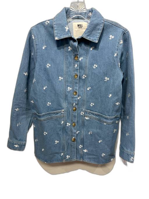 Sezane Size XS Light Wash Cotton Denim Floral Embroidered Pockets Jacket Light Wash / XS