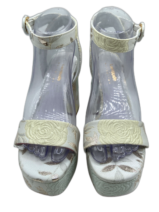 Larroude Shoe Size 6.5 White, Cream & Gold Brocade Floral Square Toe Sandals White, Cream & Gold / 6.5