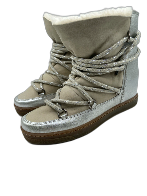 Isabel Marant Shoe Size 37 Beige & Silver Leather Shearling Lined lace up Boots Beige & Silver / 37