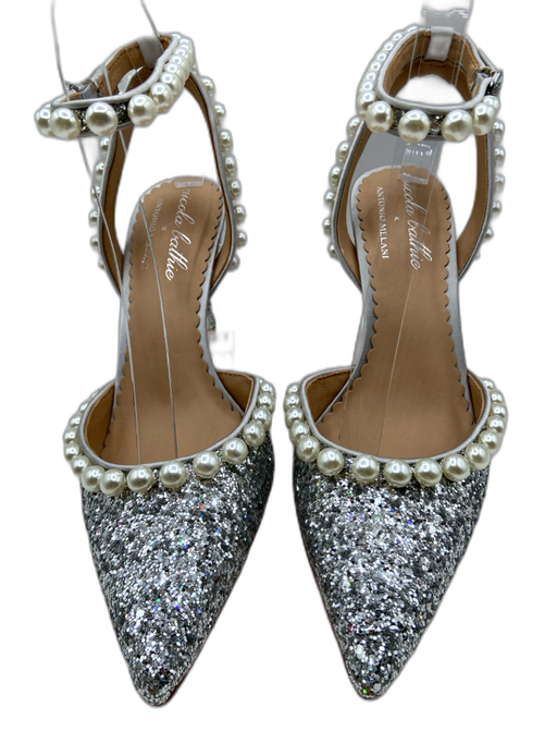 Antonio Melani Shoe Size 6.5 Silver & White Glitter Pearl Detail Mid Heel Pumps Silver & White / 6.5