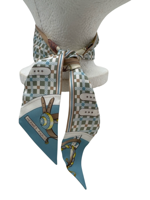 Hermes Light Blue, Tan & Yellow Silk Thin Twilly scarf Light Blue, Tan & Yellow / Small