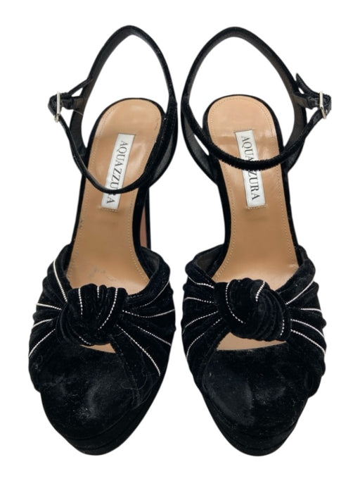 Aquazzura Shoe Size 36.5 Black & Silver Velvet Ball Bead Trim Peep Toe Sandals Black & Silver / 36.5