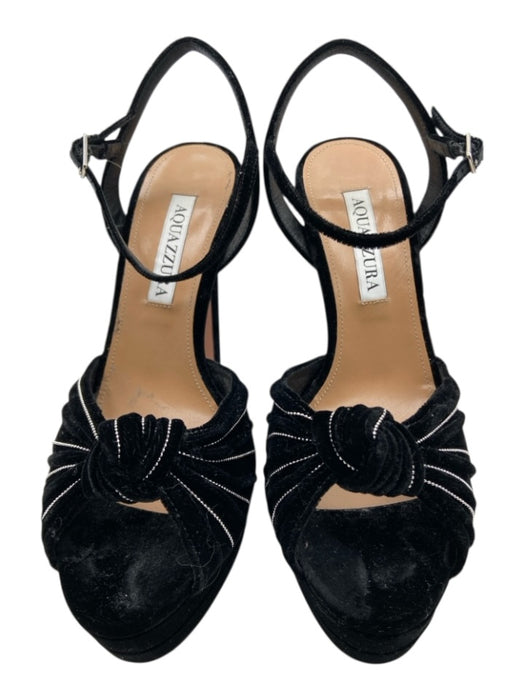 Aquazzura Shoe Size 36.5 Black & Silver Velvet Ball Bead Trim Peep Toe Sandals Black & Silver / 36.5