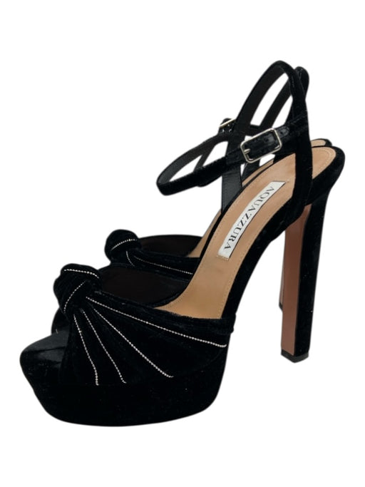 Aquazzura Shoe Size 36.5 Black & Silver Velvet Ball Bead Trim Peep Toe Sandals Black & Silver / 36.5