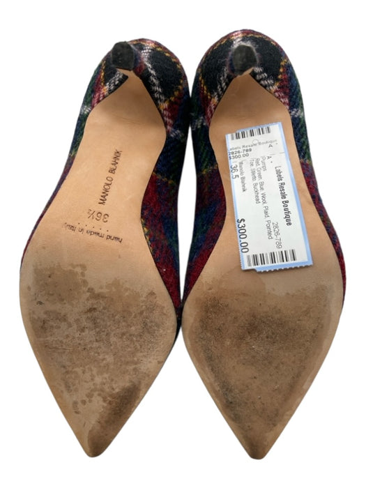 Manolo Blahnik Shoe Size 36.5 Red, Green, Blue Wool Plaid Pointed Toe Pumps Red, Green, Blue / 36.5