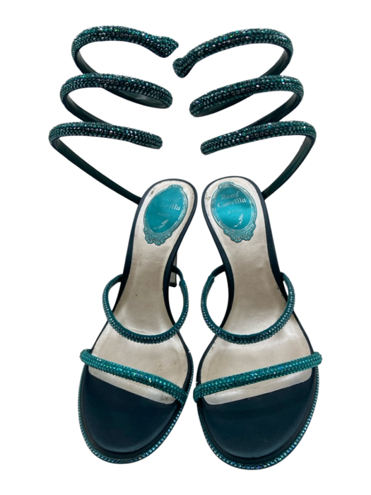 Rene Caovilla Shoe Size 36.5 Metallic Blue Satin & Jeweled Wrap Around Sandals Metallic Blue / 36.5