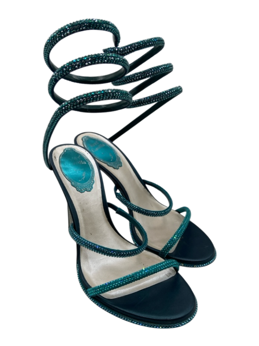 Rene Caovilla Shoe Size 36.5 Metallic Blue Satin & Jeweled Wrap Around Sandals Metallic Blue / 36.5