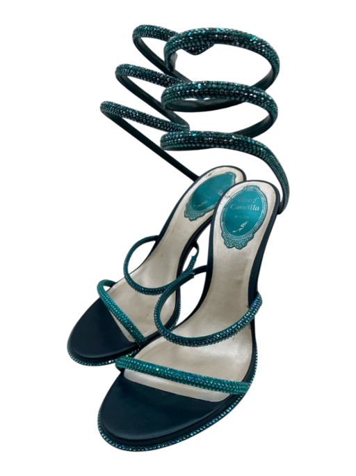 Rene Caovilla Shoe Size 36.5 Metallic Blue Satin & Jeweled Wrap Around Sandals Metallic Blue / 36.5