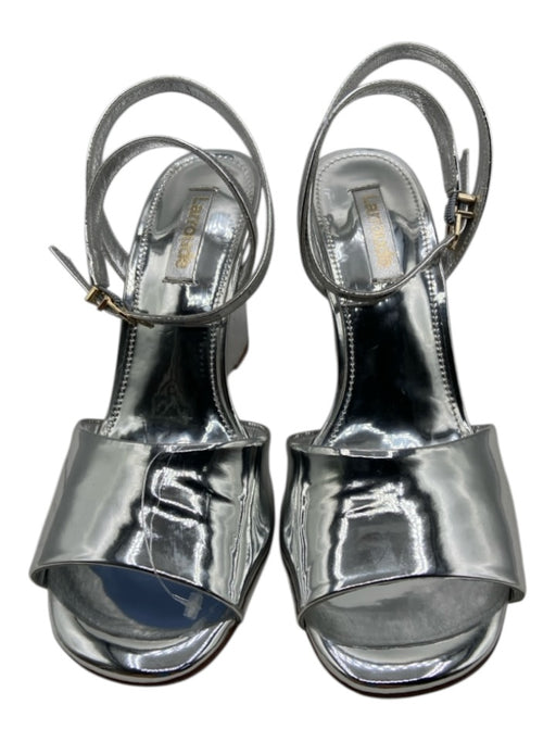 Larroude Shoe Size 6.5 Silver Patent Leather open toe Ankle Buckle Sandal Wedges Silver / 6.5