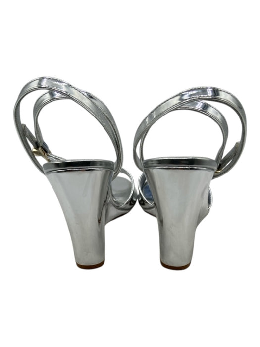 Larroude Shoe Size 6.5 Silver Patent Leather open toe Ankle Buckle Sandal Wedges Silver / 6.5