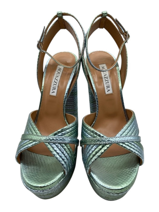 Aquazzura Shoe Size 36.5 Seafoam & Blue Metallic Leather Snake Embossed Sandals Seafoam & Blue Metallic / 36.5
