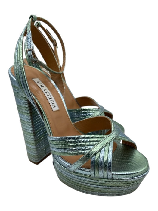 Aquazzura Shoe Size 36.5 Seafoam & Blue Metallic Leather Snake Embossed Sandals Seafoam & Blue Metallic / 36.5