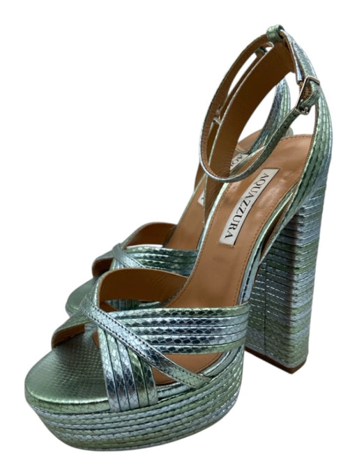 Aquazzura Shoe Size 36.5 Seafoam & Blue Metallic Leather Snake Embossed Sandals Seafoam & Blue Metallic / 36.5