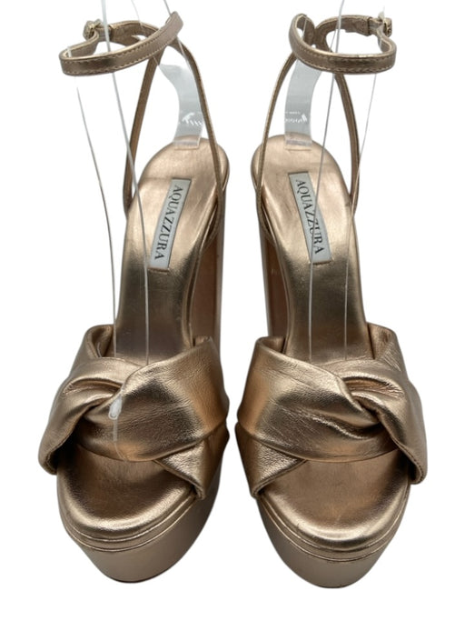 Aquazzura Shoe Size 37 Bronze Gold Metallic Leather Criss Cross Knot Sandals Bronze Gold Metallic / 37