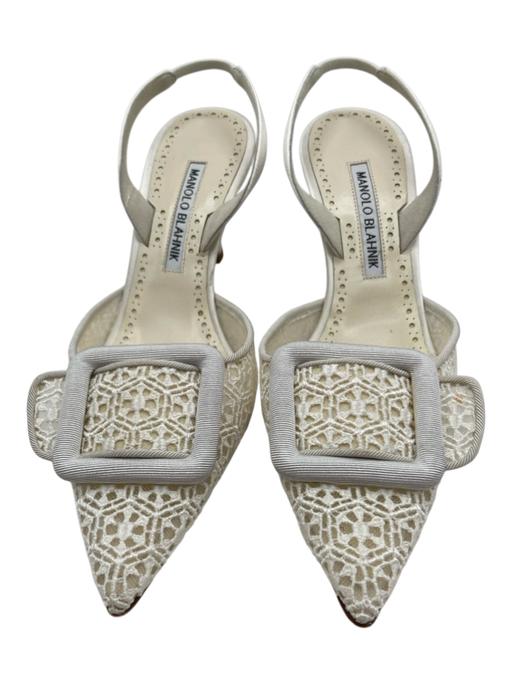 Manolo Blahnik Shoe Size 36 White & Cream Lace Embroidered Buckle Slingbacks White & Cream / 36