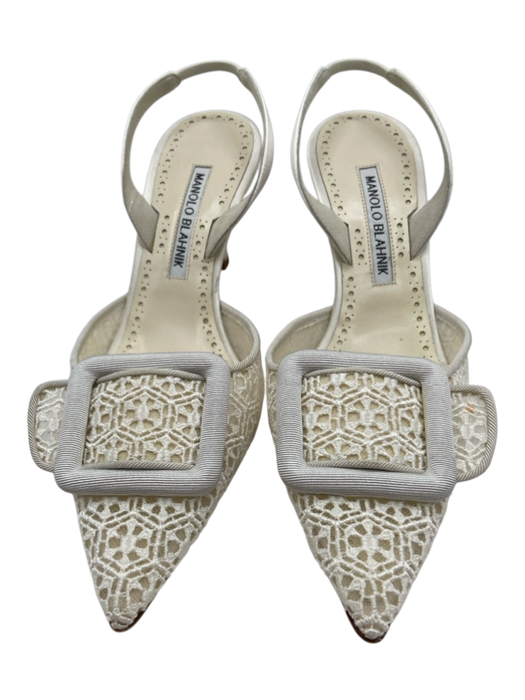 Manolo Blahnik Shoe Size 36 White & Cream Lace Embroidered Buckle Slingbacks White & Cream / 36