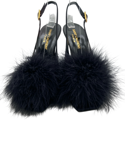 Saint Laurent Shoe Size 36 Black Satin Feather Open Toe Pump Slingbacks Black / 36