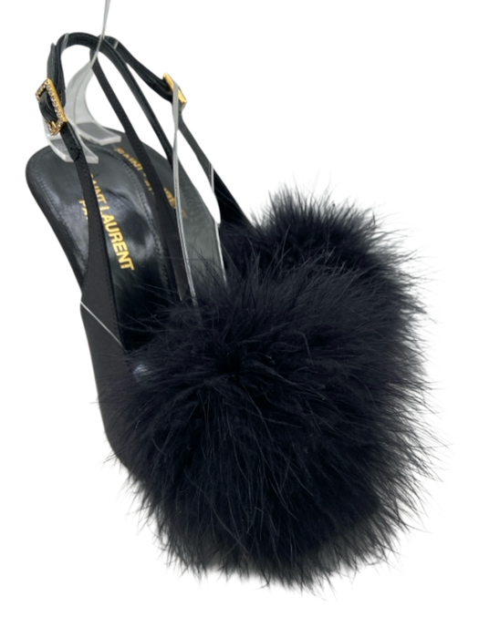Saint Laurent Shoe Size 36 Black Satin Feather Open Toe Pump Slingbacks Black / 36