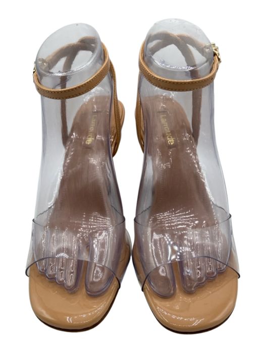 Larroude Shoe Size 6.5 Tan Patent Leather & PVC open toe Ankle Buckle Wedges Tan / 6.5