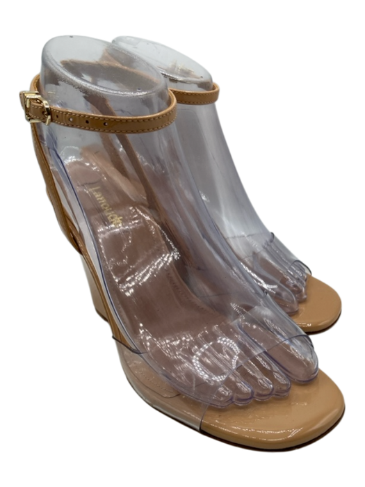 Larroude Shoe Size 6.5 Tan Patent Leather & PVC open toe Ankle Buckle Wedges Tan / 6.5