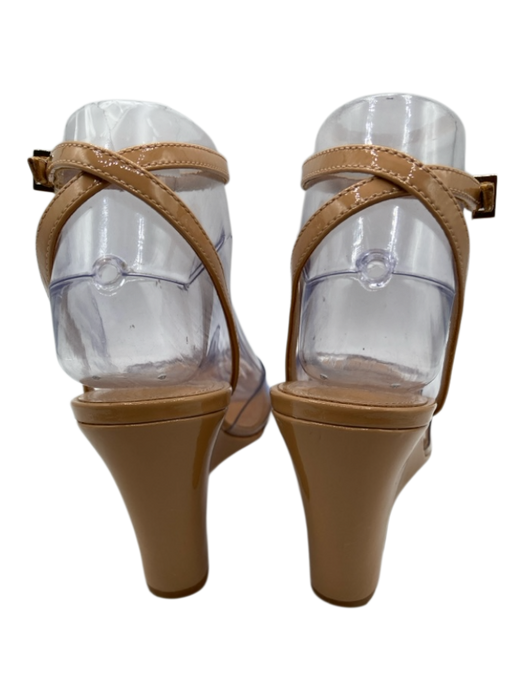 Larroude Shoe Size 6.5 Tan Patent Leather & PVC open toe Ankle Buckle Wedges Tan / 6.5