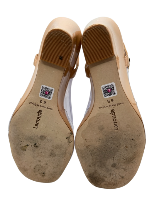 Larroude Shoe Size 6.5 Tan Patent Leather & PVC open toe Ankle Buckle Wedges Tan / 6.5