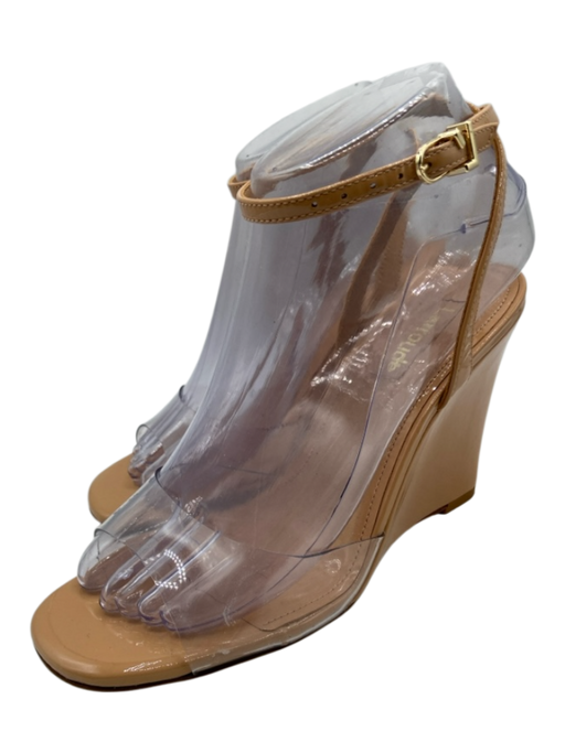 Larroude Shoe Size 6.5 Tan Patent Leather & PVC open toe Ankle Buckle Wedges Tan / 6.5