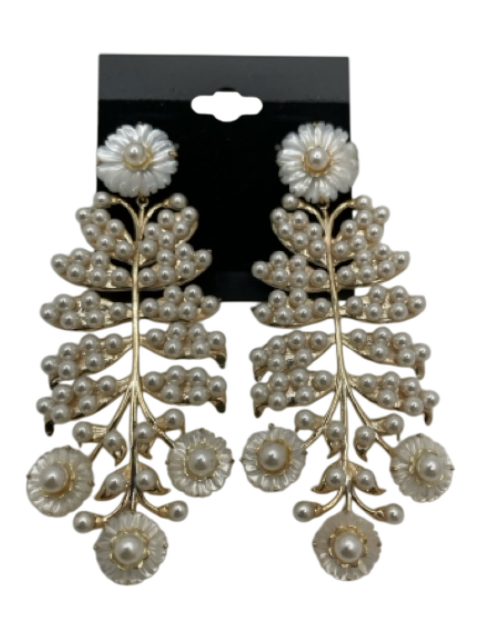 nicola bathie White Pearl & Gold floral Drop Post Back Earrings White Pearl & Gold