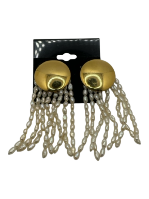 Gold & Pearl Metal Post Back Disc Beaded Fringe Earrings Gold & Pearl