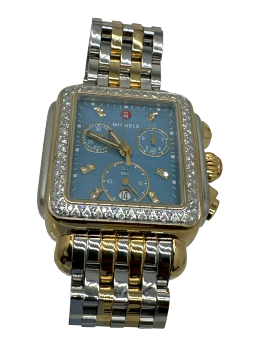 Michele Gold, Silver, Blue Plated Mixed Metal Diamonds Rectangular Watches Gold, Silver, Blue