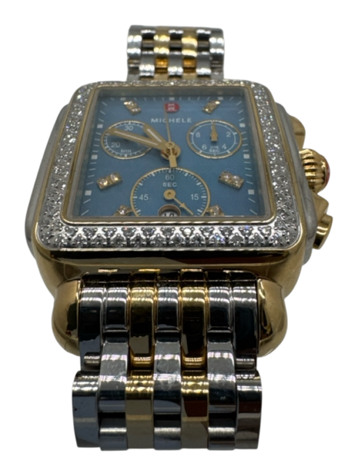 Michele Gold, Silver, Blue Plated Mixed Metal Diamonds Rectangular Watches Gold, Silver, Blue