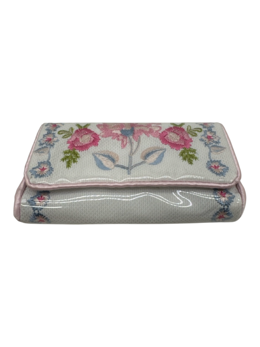 Lenora White, Pink, Blue PVC & Canvas Embroidered Floral Satin Trim Bag White, Pink, Blue / Small
