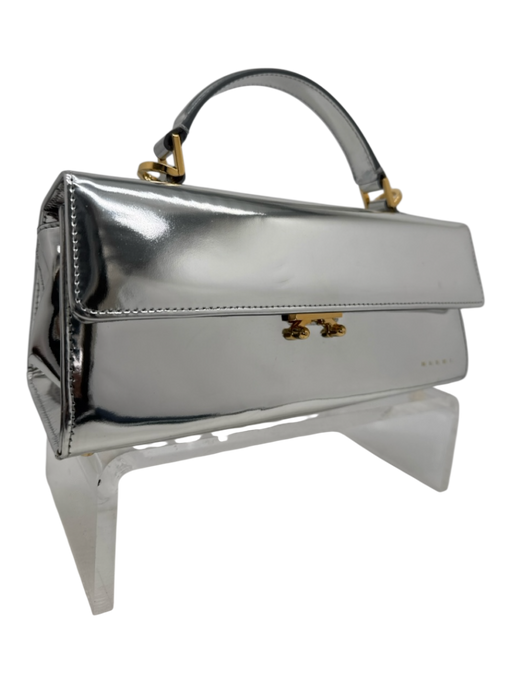 Marni Silver Leather Gold hardware Push Clasp Top Handle Structured Bag Silver / Small
