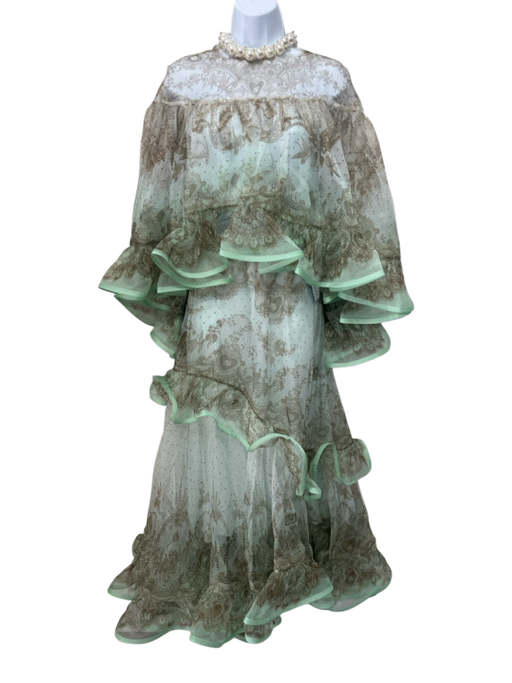 Zimmermann Size 0/P Light Green Print Silk Sheer Overlay Ruffle Edging Skirt Set Light Green Print / 0/P