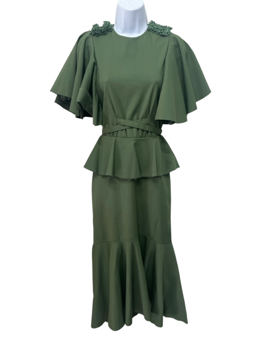 Johanna Ortiz Size 0 Green Cotton Blend Peplum Beaded Shoulders Dress Green / 0