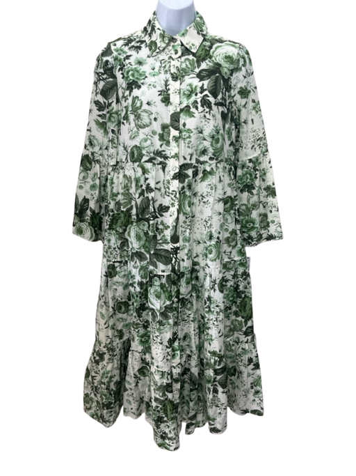 Erdem Size 6 Green & White Print Cotton & Acetate Button Abstract Floral Dress Green & White Print / 6
