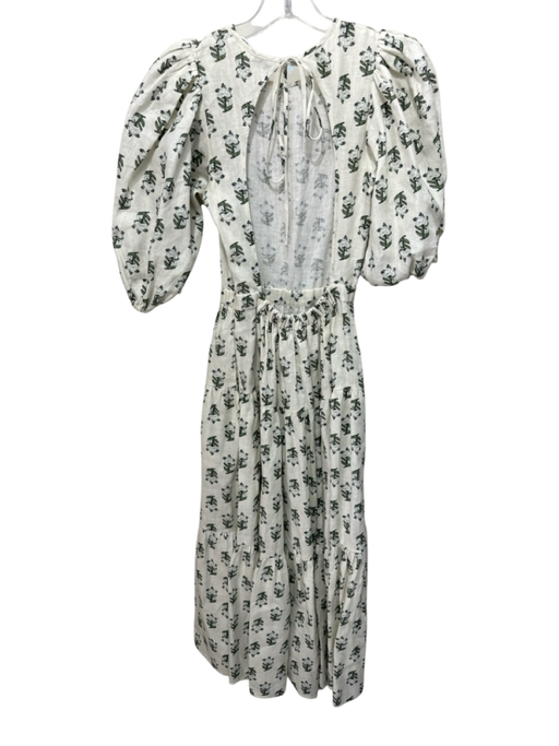 Rhode Resort Size XS White & Green Linen Floral Open Tie Back Dress White & Green / XS
